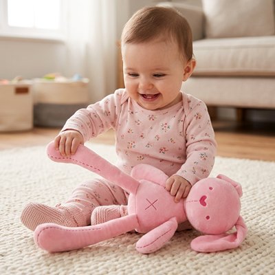 Doudou lapin rose éveil bébé