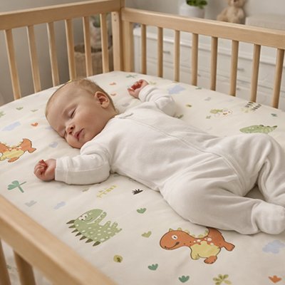 Drap housse lit bébé dinosaures fond crème