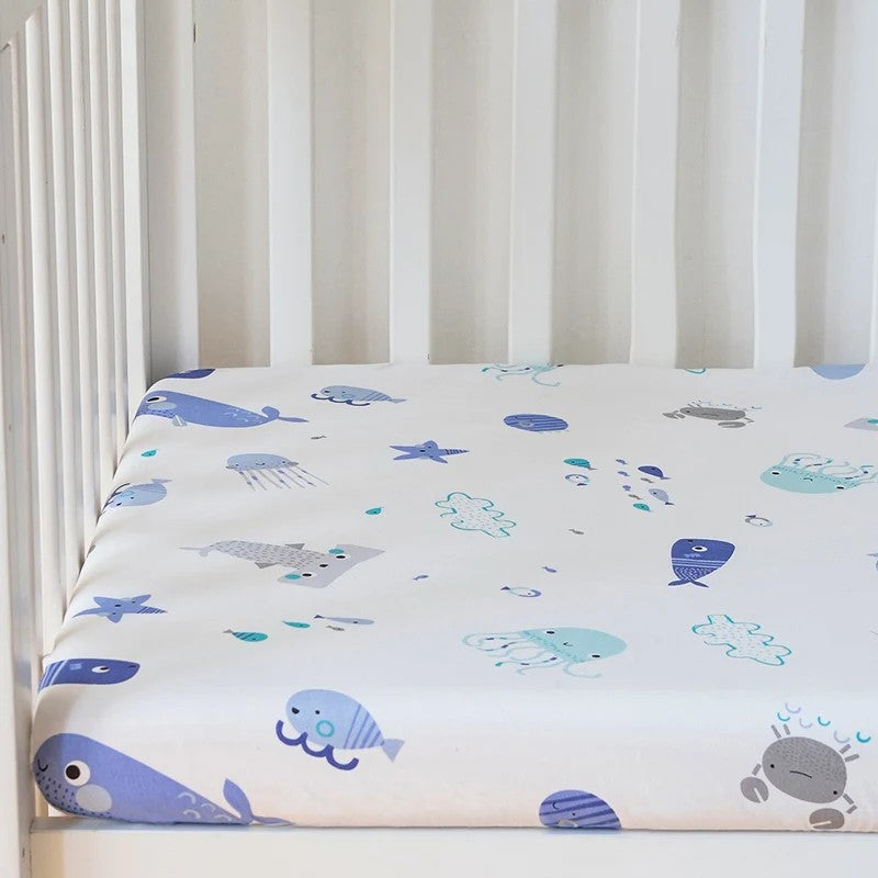 Drap housse lit bébé motif marin bleu