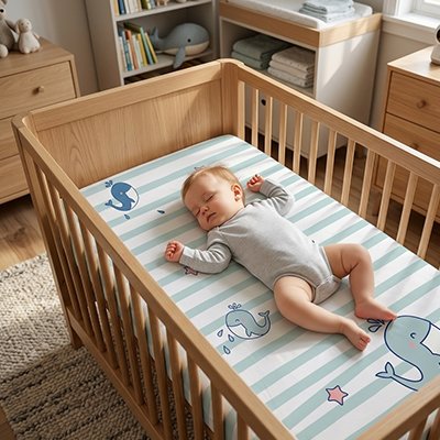 Drap housse lit bébé rayures vert d'eau baleines