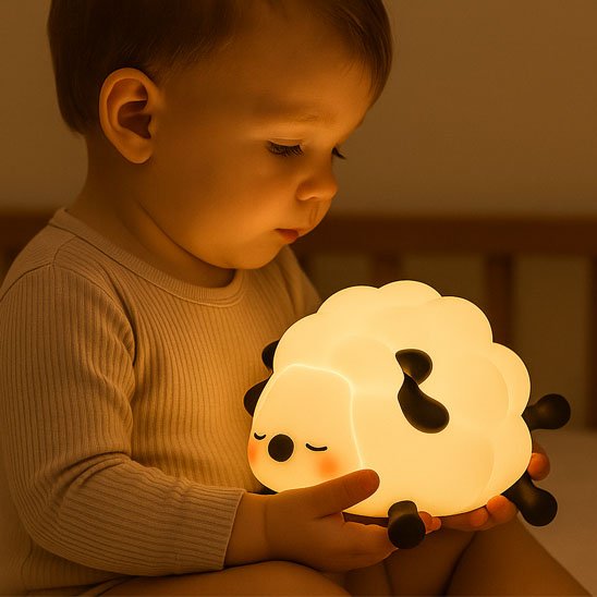 Enfant tenant une veilleuse bébé mouton diffusant une lumière douce et chaleureuse