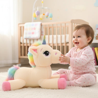 bébé joue avec peluche licorne