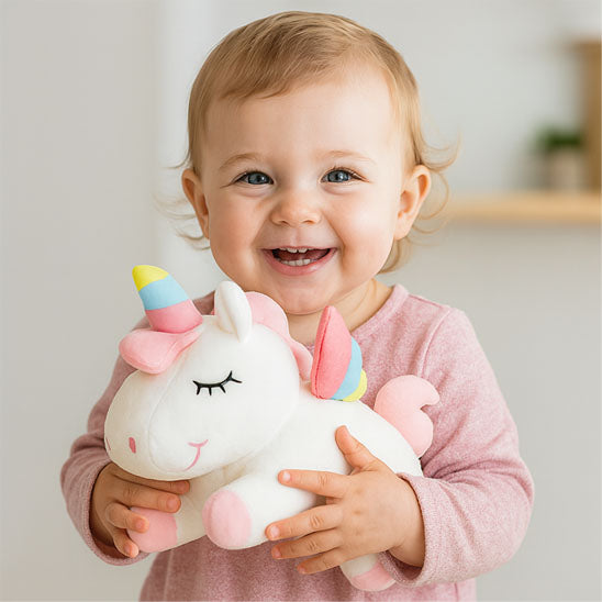 bébé sourit avec licorne peluche blanche