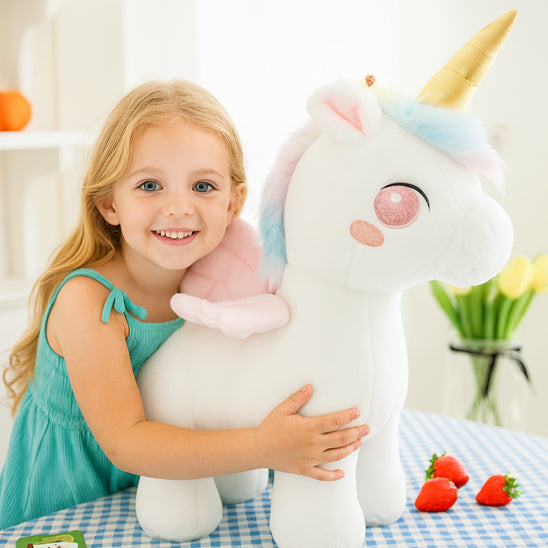 enfant joue avec licorne à ailes roses
