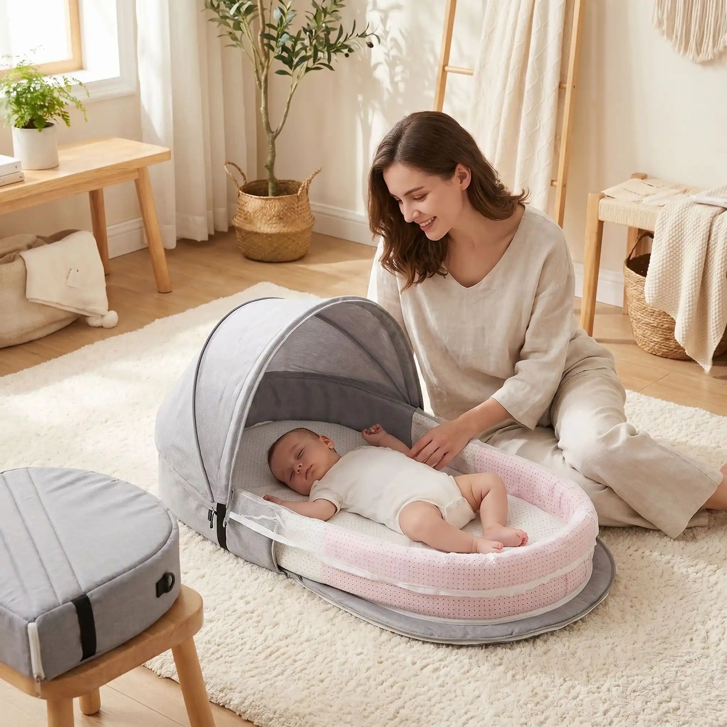 Bébé dort dans lit portable gris