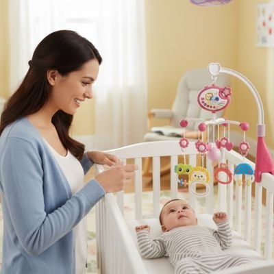 Mobile musical bébé coloré au-dessus du lit