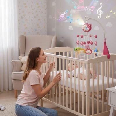 Mobile musical bébé installé sur lit avec maman
