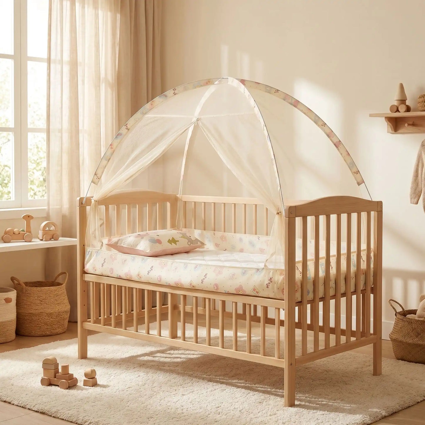 Moustiquaire lit bébé beige lit bois