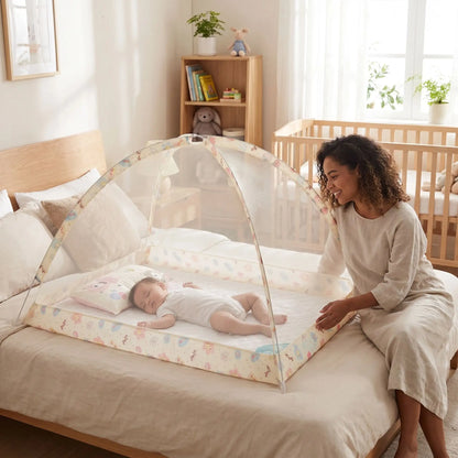 Moustiquaire lit bébé beige avec maman