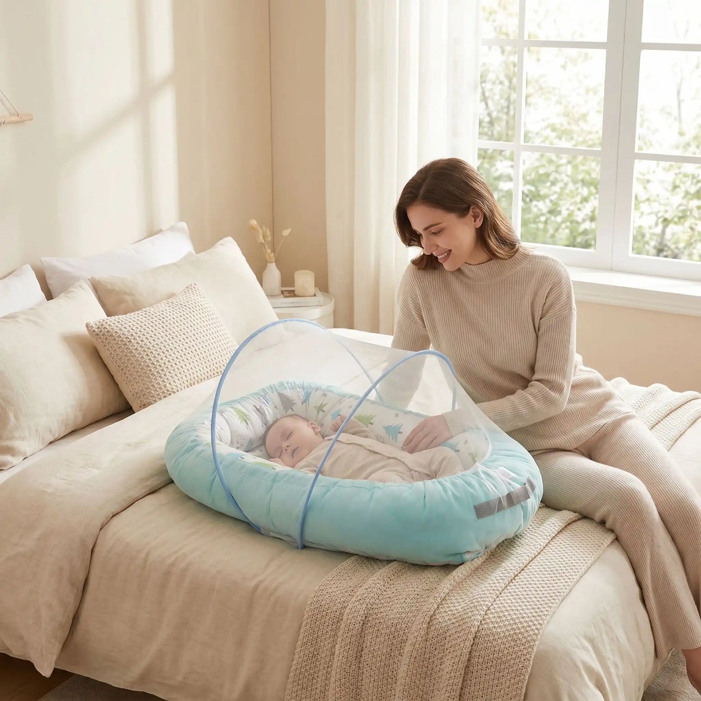 Maman avec moustiquaire lit bébé