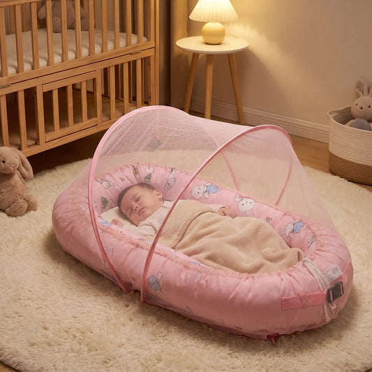 Bébé dort moustiquaire lit bébé rose