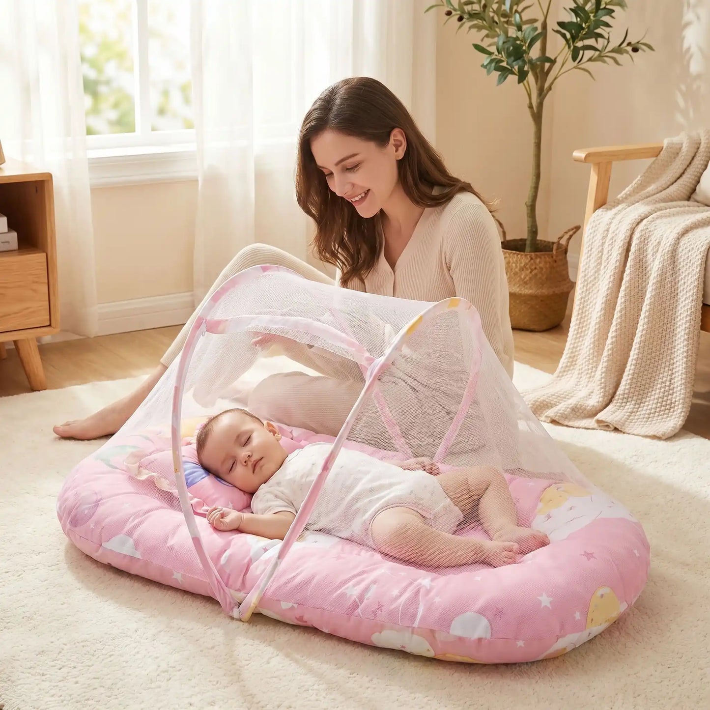 Moustiquaire lit bébé avec maman