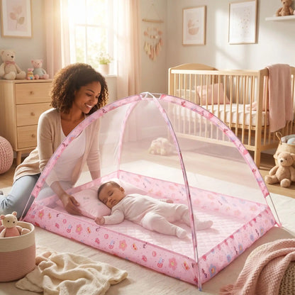 Moustiquaire lit bébé rose avec maman