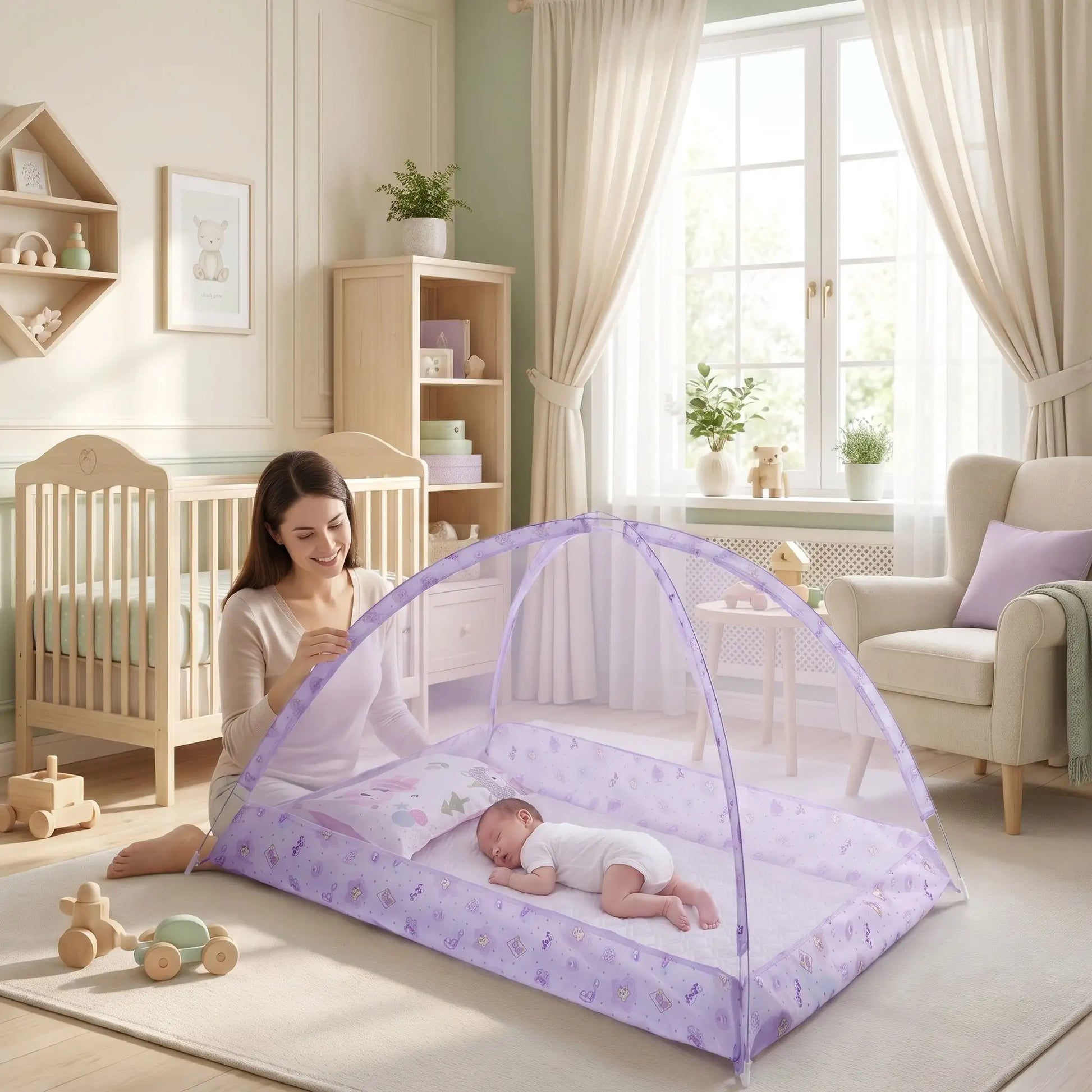 Moustiquaire lit bébé violette avec maman