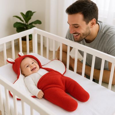 bébé sourit à son papa dans nid d’ange rouge