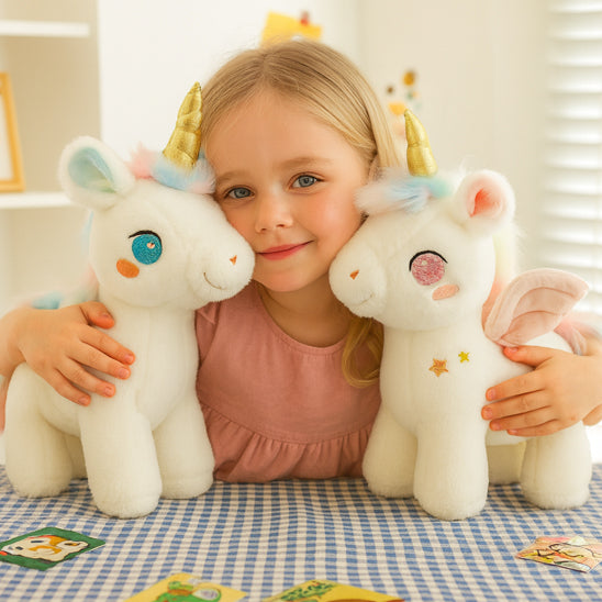 fillette enlace deux peluches licornes