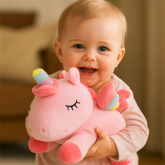 bébé heureux avec licorne rose peluche