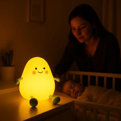 Maman et bébé avec veilleuse poire allumée sur la table de nuit