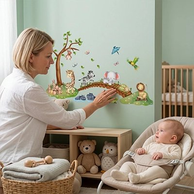 Pose de stickers muraux sur un mur vert sauge