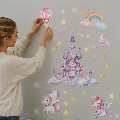 Pose d'un sticker montgolfière près du château rose
