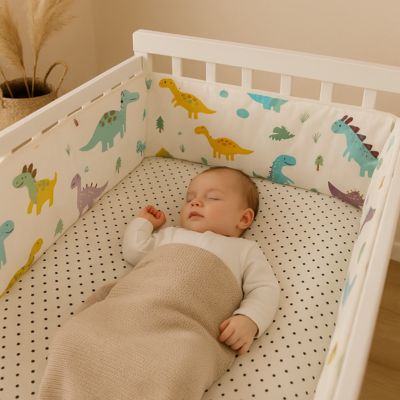 Bebe endormi avec protege barreau lit bebe dinosaure