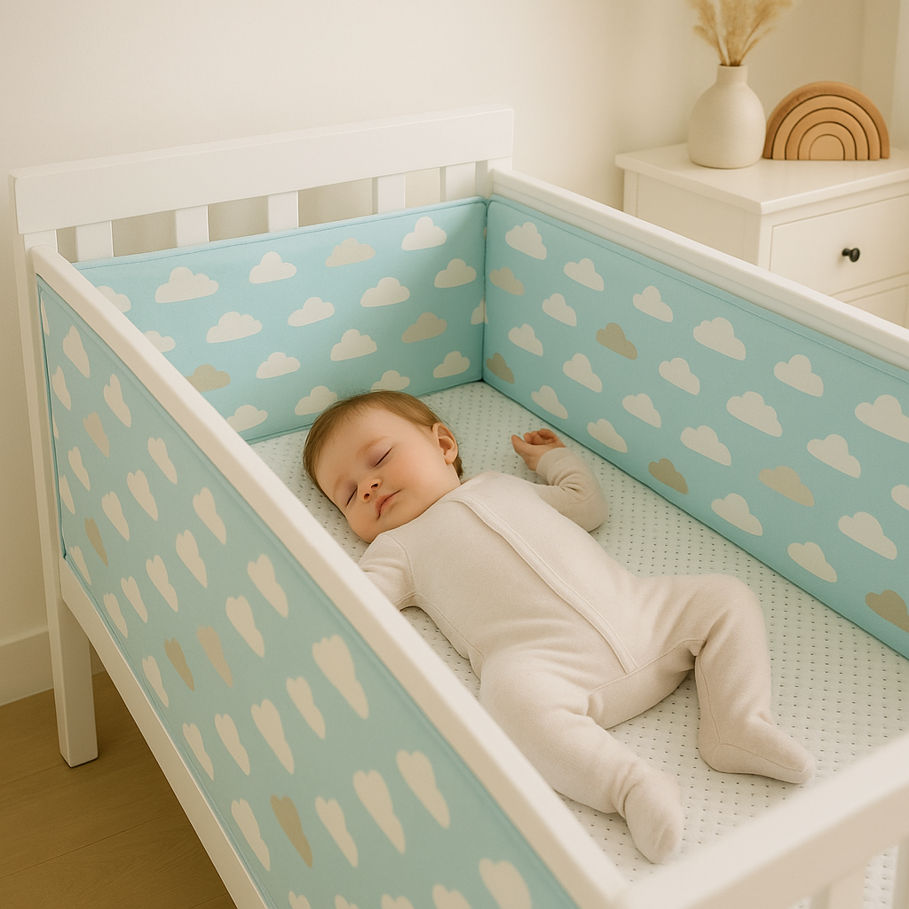 Bébé dort avec protège barreau nuage bleu