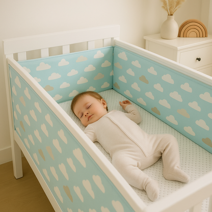 Bébé dort avec protège barreau nuage bleu