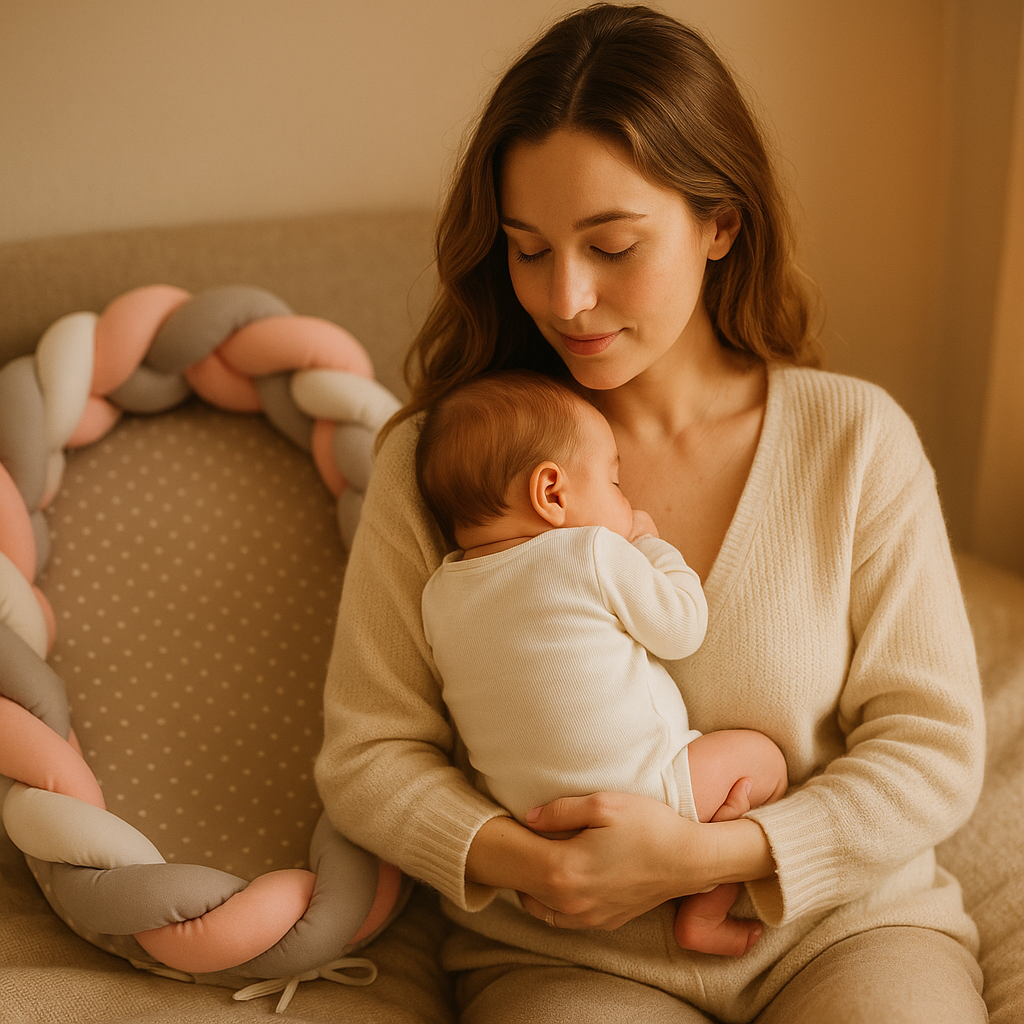 maman avec bébé dans réducteur de lit tressé