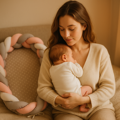 maman avec bébé dans réducteur de lit tressé