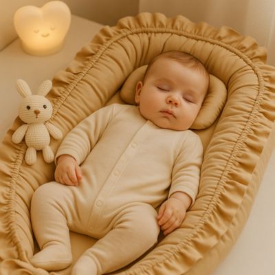 Réducteur de lit bébé - Beige avec bébé endormi