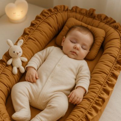 Réducteur de lit bébé - Caramel avec bébé endormi