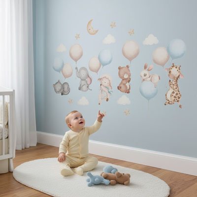 Stickers animaux et ballons pastel sur mur bleu
