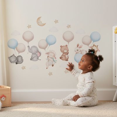Stickers animaux suspendus à des ballons sur mur clair
