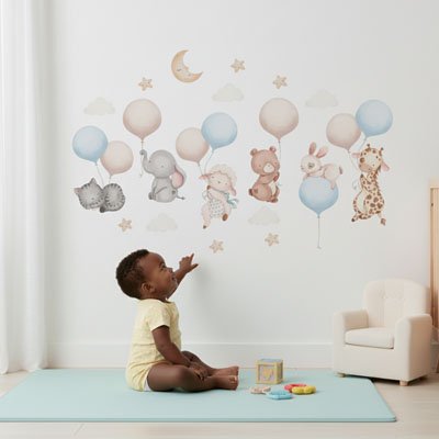 Stickers bébé chambre animaux et ballons pastel au mur