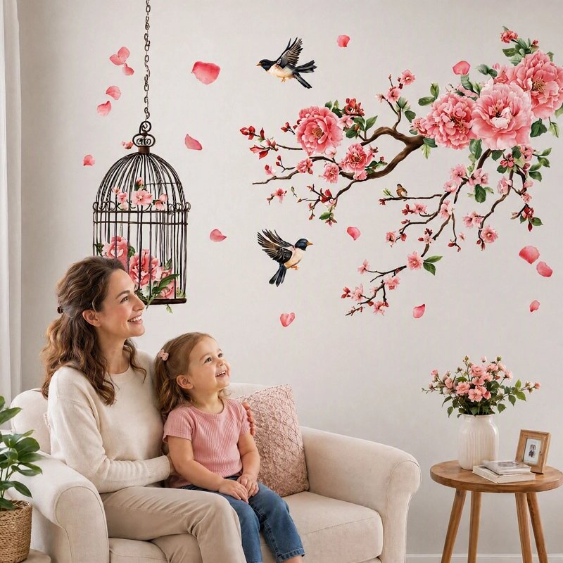 Stickers branche fleurie, cage et oiseaux au salon
