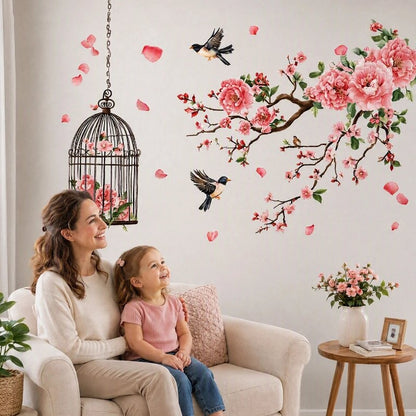 Stickers branche fleurie, cage et oiseaux au salon