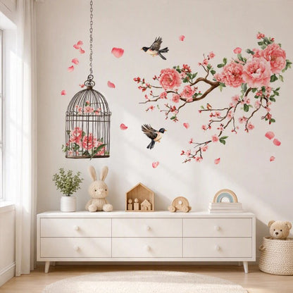 Stickers branche fleurie et cage à oiseaux sur mur blanc
