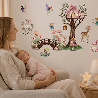Stickers chambre bébé fille, forêt enchantée et fauteuil