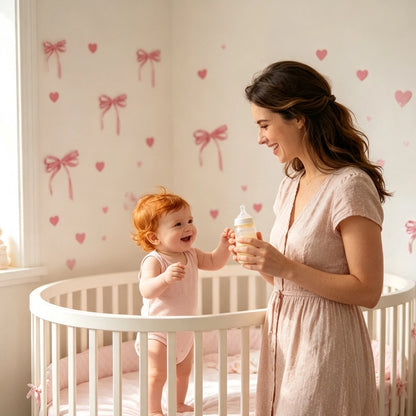 Stickers chambre bébé nœuds et cœurs roses près d’un lit rond