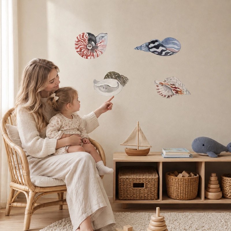 Stickers chambre enfant coquillages aquarelle sur mur clair