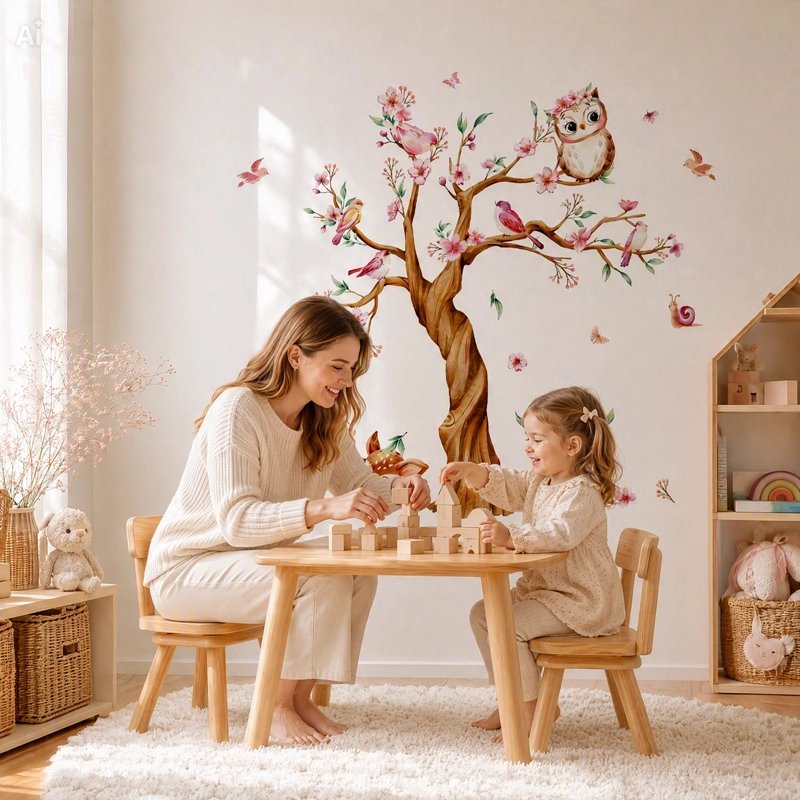 Stickers chambre fillette arbre fleuri et chouette