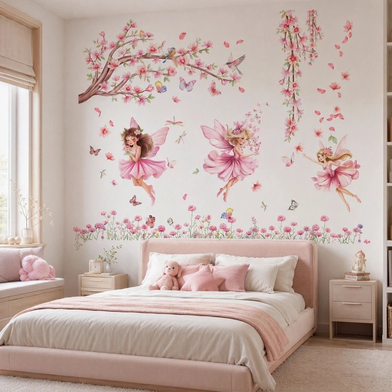 Stickers chambre fillette fées et fleurs roses