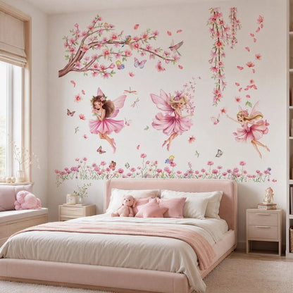 Stickers chambre fillette fées et fleurs roses