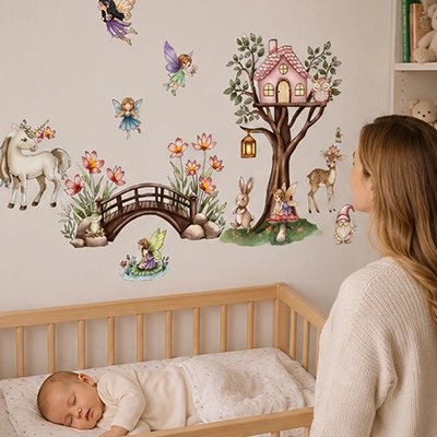 Stickers fées et pont fleuri en chambre de bébé