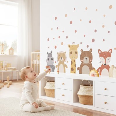 Stickers hippopotame, girafe et renard au-dessus d’une commode