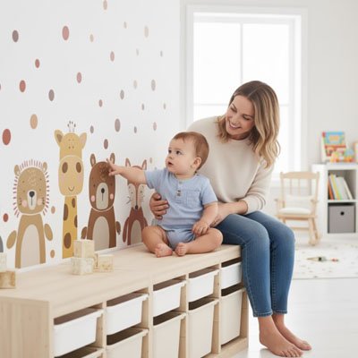 Stickers lion, girafe et ours avec pois sur mur blanc