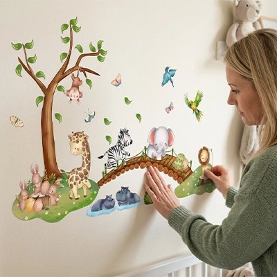 Stickers muraux animaux de la jungle et pont en bois
