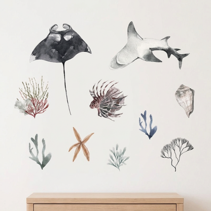 Stickers muraux chambre bébé lot marin aquarelle raie manta requin poisson-lion