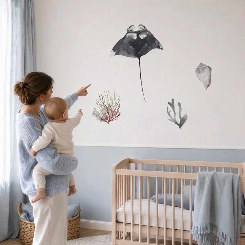 Stickers muraux chambre bébé raie manta aquarelle