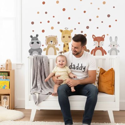 Stickers muraux enfant animaux et pois au-dessus d’un lit